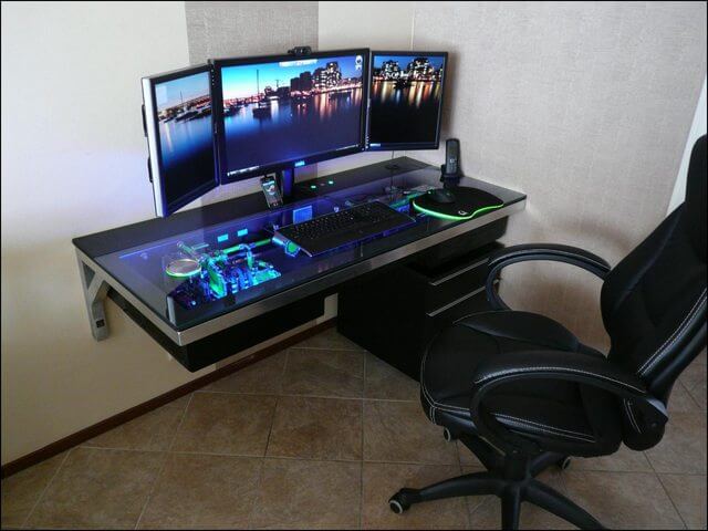 desk with mini fridge built in